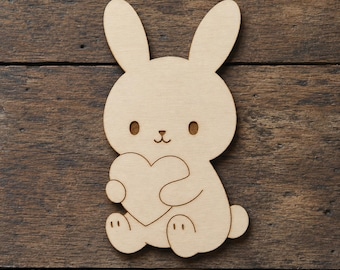 Bunny Holding Heart Wood Cutout Unfinished Rabbit Craft Blank