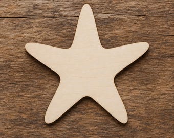 Recorte de madeira de estrela-do-mar, peça inacabada para artesanato com tema de praia.