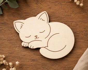 Sleeping Cat Wood Cutout, Unfinished Paintable Kitten Blank for DIY Crafts