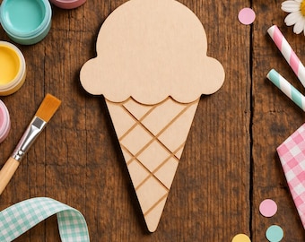 May include: A light-colored wooden ice cream cone cutout featuring a rounded scoop top and a triangular cone base with a cross-hatched grid pattern. The cutout is surrounded by paint pots, a paintbrush, paper straws, ribbon, and flowers.