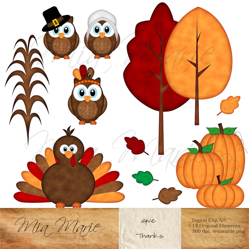 INSTANT DOWNLOAD Digital Clip Art Thanksgiving clipart, Thanksgiving clip art, Fall clip art, Owl Clipart, Owl Clip Art, Turkey, Pilgrim image 1