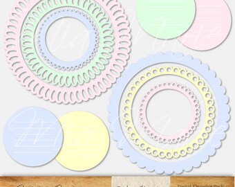 INSTANT DOWNLOAD - Scalloped Circle Round Frames, Journaling Spots, clip art, clipart in pastel blue, pink, yellow and green, baby