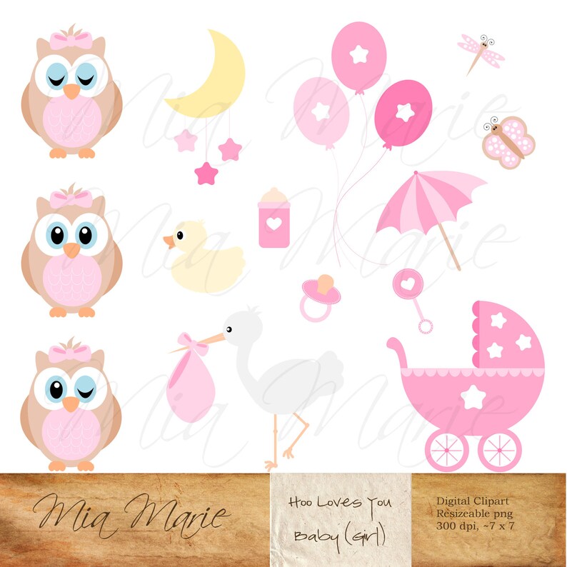 Baby Girl clipart Stork Owl Clipart Digital Clip Art Bottle Baby Girl clip art Baby Shower clip art INSTANT DOWNLOAD Owl Clip Art
