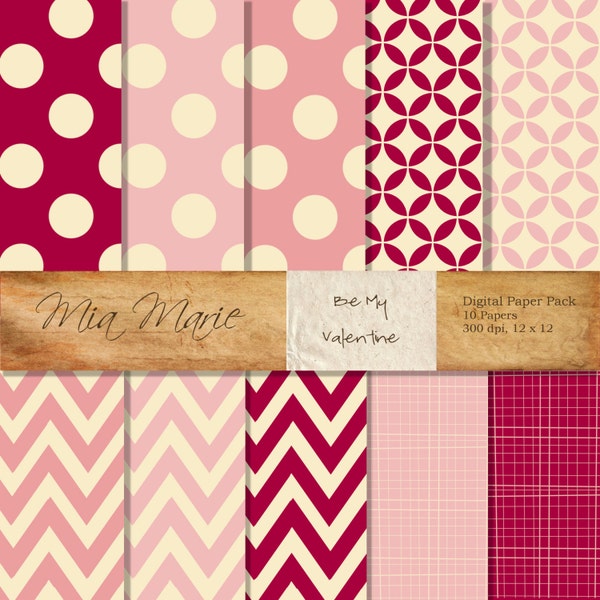 INSTANT DOWNLOAD - Valentine Digital Papers Scrapbooking Backgrounds Pink, Red, Chevron, Stripes, Circles, Polka Dots Printable 12x12 jpg