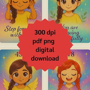Puede incluir: Cuatro tarjetas ilustradas con chicas de dibujos animados, cada una con un halo. Las tarjetas tienen texto: "Step for with", "You are wing fully", "Let your light expand" y "Shine through the shift". Una pancarta roja dice "300 dpi pdf png digital download".