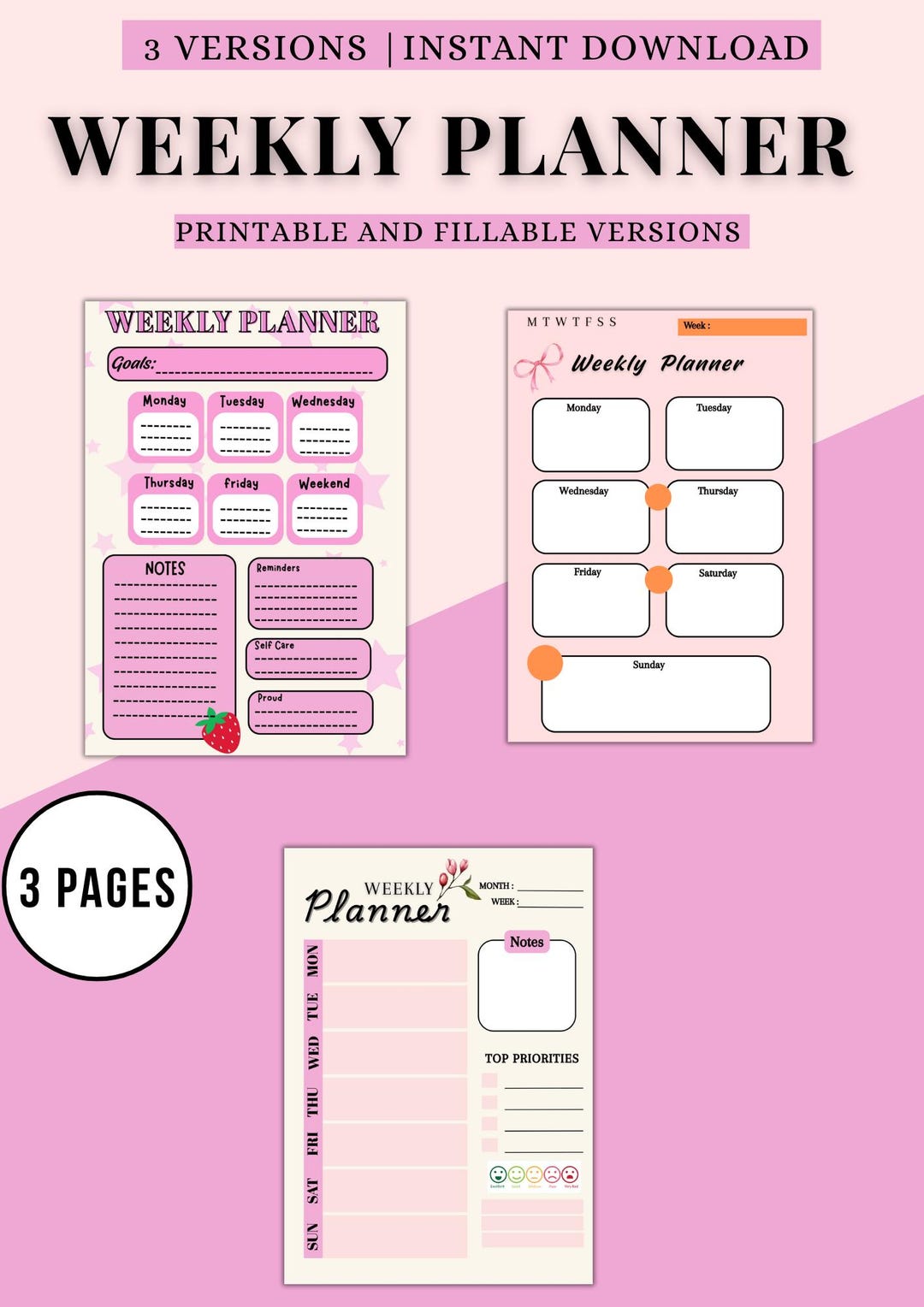Floral Pink Weekly Planner Printable in A4 Size and US Letter Size - Etsy