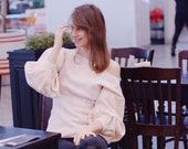 One shoulder pink top with wide sleeves - felted pale pink sweater - felting pastel rose blouse - nunofelting clothing - summer fashion top