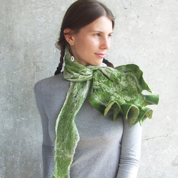 SALE...Felted green wool scarf, ruffles shawl holiday gift under 50, 75, 100