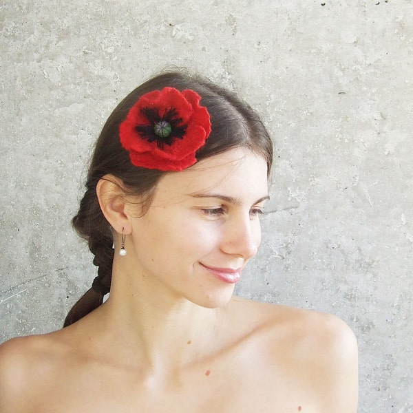 Red Poppy felted flower brooch hair clip Weddings fascinator, for her mom mothers day gift idea spring fashion