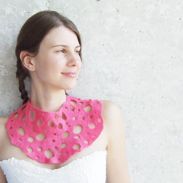 SALE 50% Neon pink statement felt necklace, felted wool bib collar neck piece neon weddings bridesmaid gift fashion cij