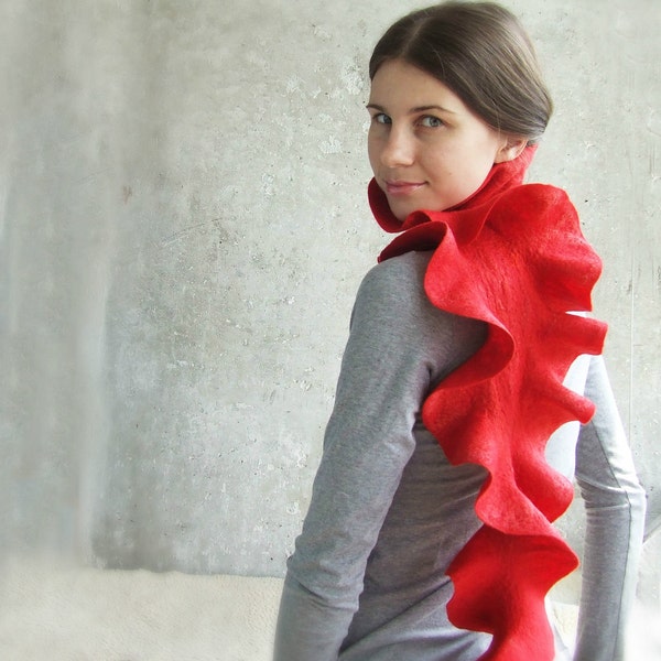 Red scarf felted wool ruffle free gift wrap Weddings Valentines day gift idea with love for her