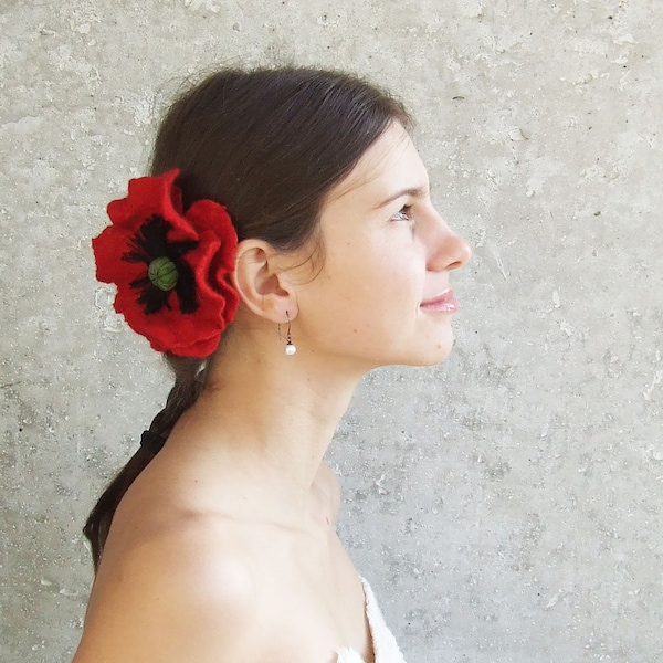 Red Poppy hair clip and brooch fascinator felted flower brooch Weddings oht for her fall autumn fashion  under 25