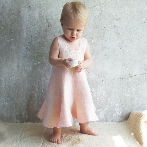 Pink baby girl dress wool felted 100% hand felt, pale pastel soft gift for 1st birthday, weddings flower girl luxury little Valentine