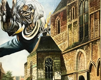 sunday morning in the village - altered art, thrift store art modified, iron maiden eddie takes a walk, by Gil Corral