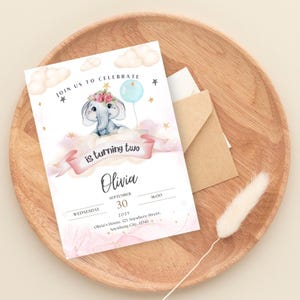 Bearbeitbare Elefant Geburtstagseinladung, eCard, Digitale Karte für Kinder, Geburtstag, Canva Vorlagen, 1. Geburtstag, Mädchen, Junge, Baby, Party