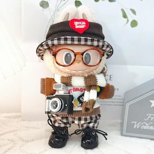 Autumn Outfit Set for 15-17cm Labubu – Glasses, Camera, Hat, Sweater, Scarf, Pants & Shoes | Handmade Clothes for Labubu Doll