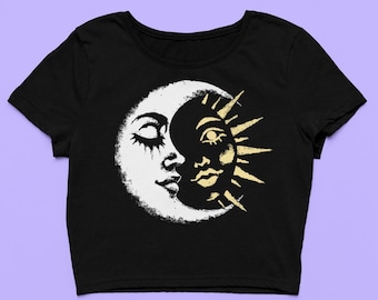 Sun and Moon Baby Tee | Cute Celestial Crop Top | Soft Fitted Graphic Top | Astrology Gift For Her | Y2K Shirt for friend, Vintage Style Art