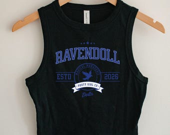 Raven Doll House Collegiate Muscle Tank | Soft Fitted Graphic Top | Dark Academia & Feather Aesthetic | Vintage Baby Tee, Gift For Her