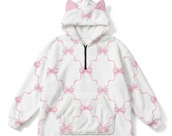 Flauschiger Katzenohren Hoodie | Niedliche Rosa Schleife Kawaii Hoodie Decke | Aquarelle Kokette Ribbon Print PJs | Weiche Mädchen Kleidung & Alt Mode