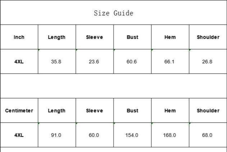 K&ouml;nnte beinhalten: Eine Gr&ouml;&szlig;entabelle mit Ma&szlig;en in Zoll und Zentimetern. Die Tabelle enth&auml;lt Ma&szlig;e f&uuml;r L&auml;nge, &Auml;rmel, Brust, Saum und Schulter. Die Gr&ouml;&szlig;e 4XL ist mit einer L&auml;nge von 91,0 cm (35,8 Zoll), einem &Auml;rmel von 60,0 cm (23,6 Zoll), einer Brust von 154,0 cm (60,6 Zoll), einem Saum von 168,0 cm (66,1 Zoll) und einer Schulter von 68,0 cm (26,8 Zoll) angegeben.