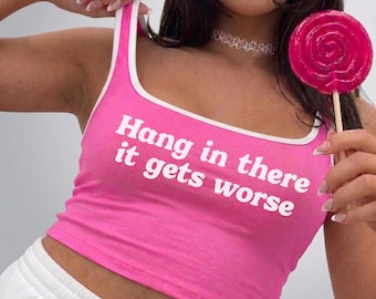 Hang In There Tank Top | Y2K Aesthetic Crop Top, Baby Tee Style | SNUG FIT | Cute Hot Pink Crop Shirt, Cozy Gift For Her