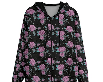 Schimmer Rose Hoodie | Viktorianische lila Blumenmode Trendy Cotton Zip Up Hoodie | Geschenk für Sie | Warme Kleidung im Cottagecore Stil