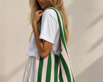 Pink and green striped beach bag | Colorful shopper | Color blocking bag