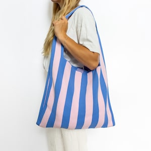 Crochet Color-Blocking Shopping Bag | Large Colorful Beach Bag | Lightweight Summer Bag Pink Blue