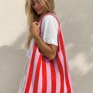 Strandtasche rosa rot gestreift | bunter Shopper | Color Blocking Tasche