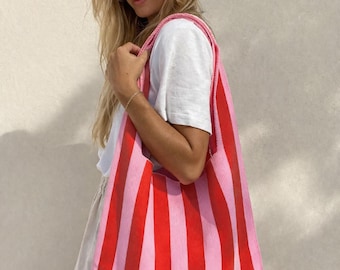 Roze en rood gestreepte strandtas | Kleurrijke shopper | Tas met kleurblokken
