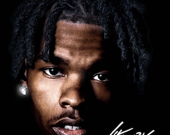 May include: A portrait of a man with dark skin and dreadlocks against a black background. He has a diamond earring in his left ear. The image is a close-up, with the face lit from the front. The name "Lil Baby" is written in white script in the lower right corner.