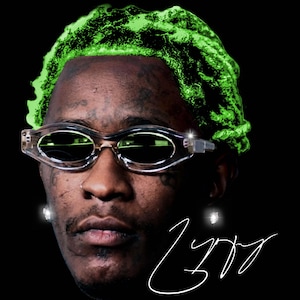 May include: Portrait of a person with green hair and clear-framed sunglasses. The person has facial tattoos and is wearing a diamond earring. The image has a black background and a white signature.