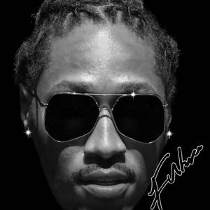 May include: Black and white portrait of a person wearing sunglasses and a small earring. The person has a mustache and a signature in the bottom right corner. The background is black.