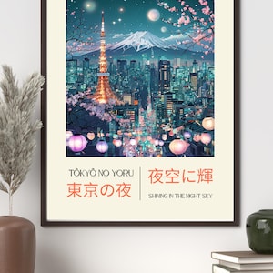 Tokyo Dreamscape Physical Poster – Night City Wall Art with Mount Fuji, Japanese Aesthetic Print, Cool Colours, Japan Night Skyline Decor
