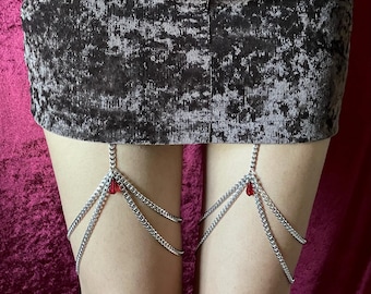 Gothic Stainless Steel Chain Leg Garter Belt – Silver Body Chain with Red Crystal Drops