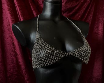 Chainmail Bikini Top – Handmade Festival Rave Bra, Medieval Fantasy Armor Lingerie, Gothic Cosplay Outfit