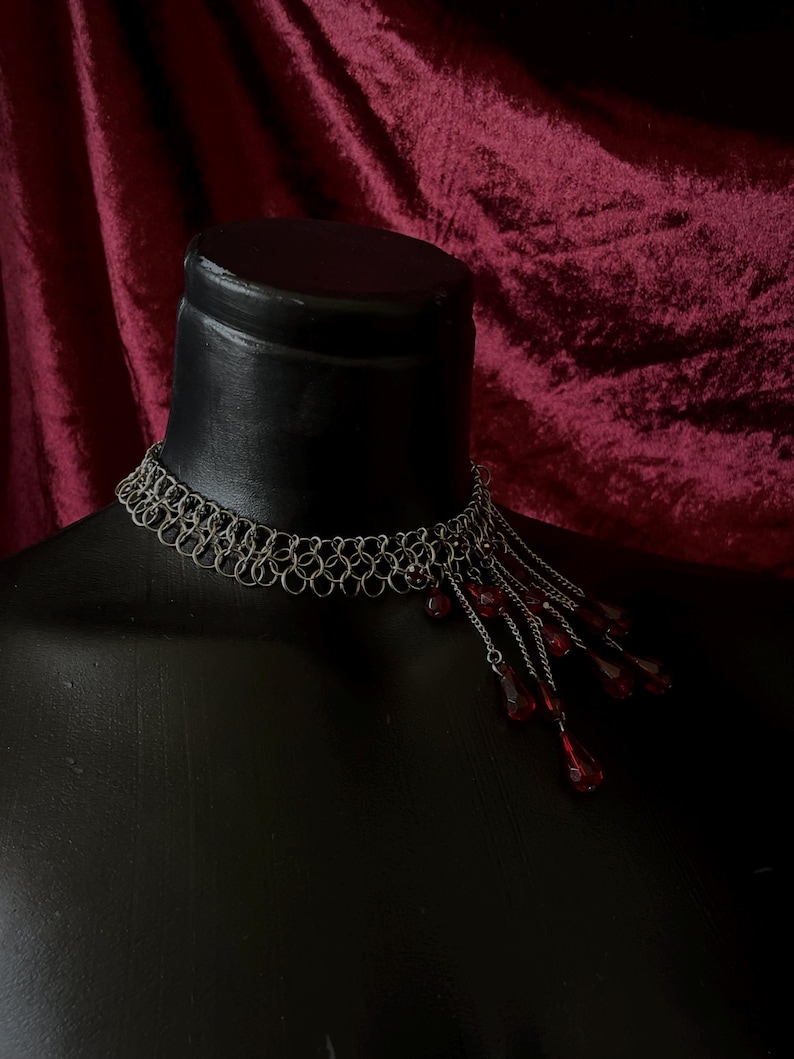 Handmade Gothic Chainmail Choker – Blood Red Teardrop Beads, Vampire ...