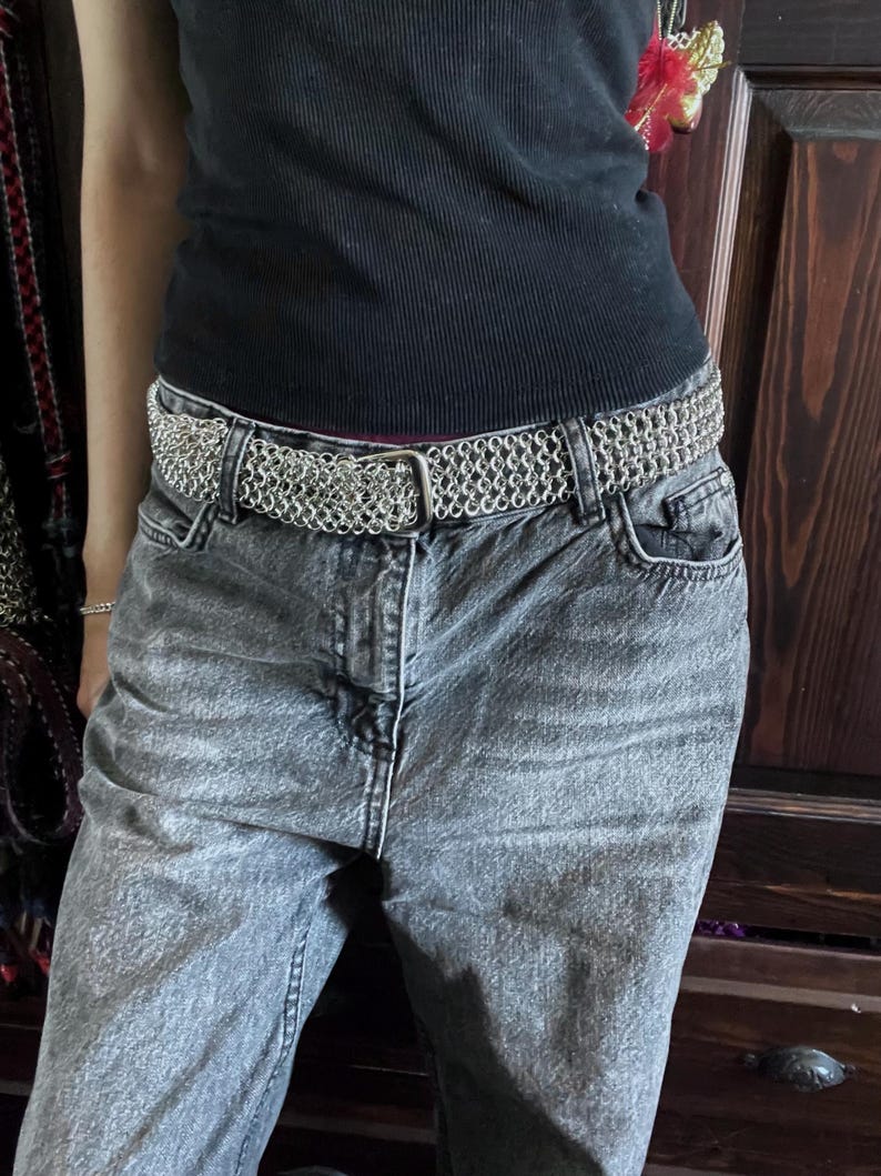 Handgjort ringbrynjebälte – Silvermetall Gotisk Punk-tillbehör bild 3