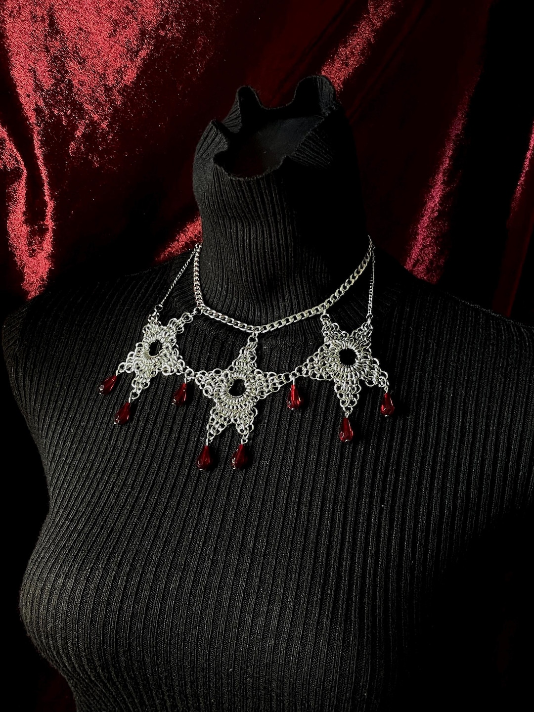 Iron Chainmail Star Necklace Gothic Celestial Jewelry With Red Teardrop ...
