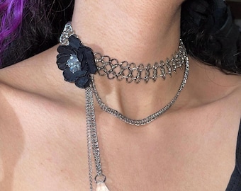Silver-Tone Chainmaille Choker, Black Rose Flower, Crystal Teardrop Dangle (Gothic Coquette)