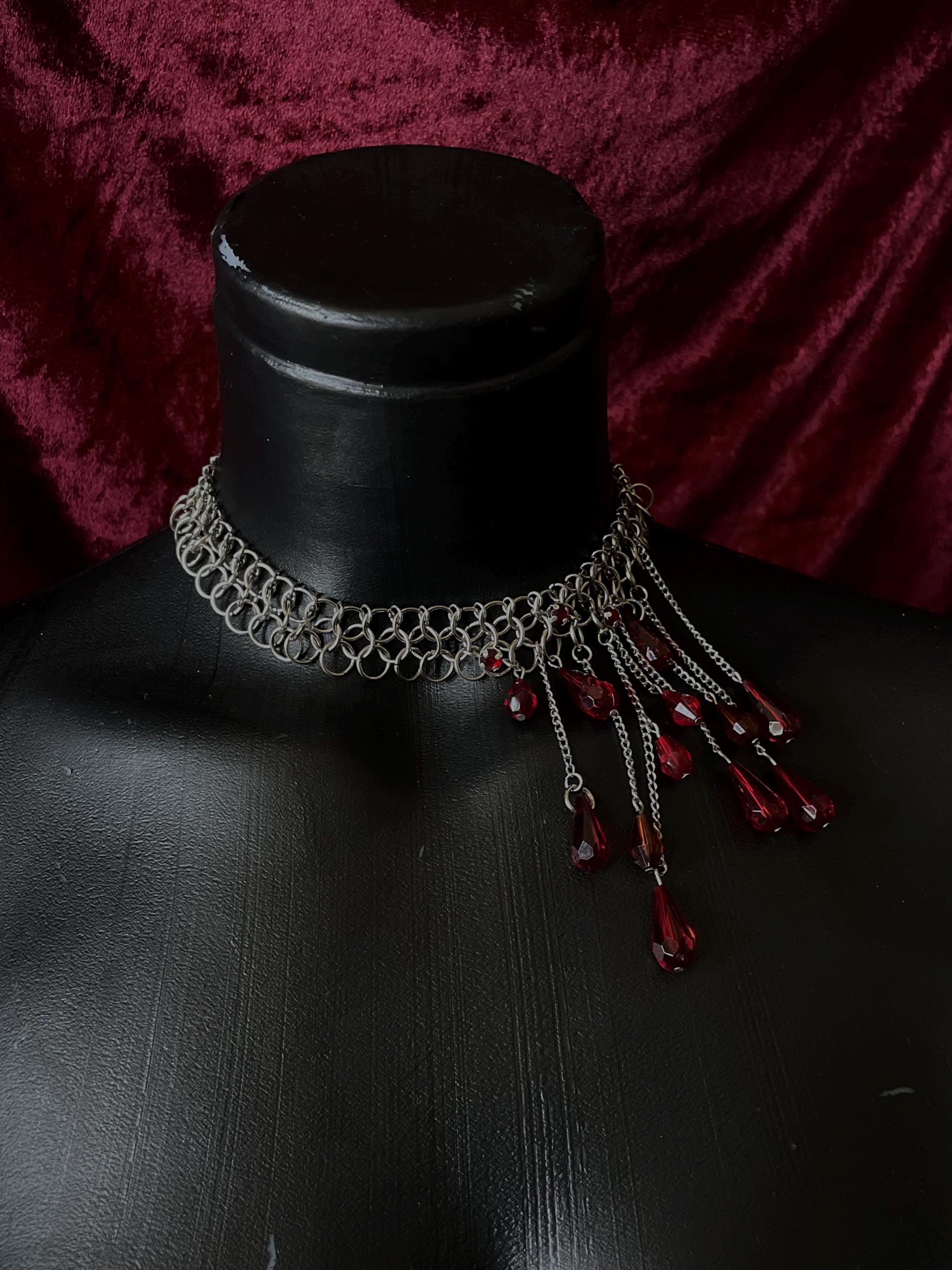 Handmade Gothic Chainmail Choker – Blood Red Teardrop Beads, Vampire ...