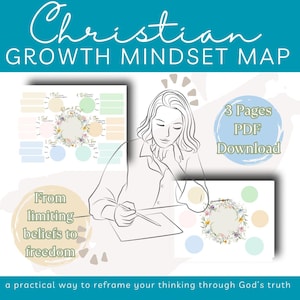 Puede incluir: Una descarga digital titulada "Christian Growth Mindset Map" con un dibujo lineal de una persona escribiendo. La imagen incluye el texto "From limiting beliefs to freedom" y "3 Pages PDF Download". El mapa presenta elementos florales y colores pastel.