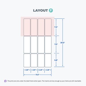 May include: Layout F diagram showing a grid of twelve rectangular inserts arranged in three rows of four. Dimensions include 2.9-inch widths, 7.3-inch and 5.8-inch heights, and a 20.5-inch total height. A pink shaded area highlights the top row.