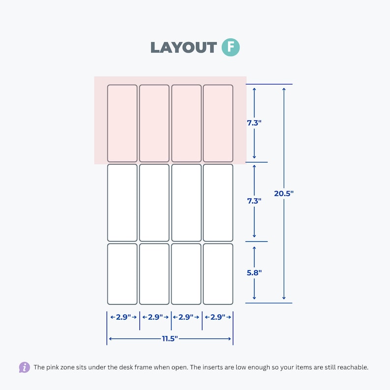 May include: Layout F diagram showing a grid of twelve rectangular inserts arranged in three rows of four. Dimensions include 2.9-inch widths, 7.3-inch and 5.8-inch heights, and a 20.5-inch total height. A pink shaded area highlights the top row.