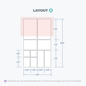 May include: A technical diagram labeled LAYOUT A showing a grid of rectangular inserts with dimensions in inches. The total height is 20.5 inches and width is 11.5 inches. A pink shaded area indicates the zone under the desk frame when open.