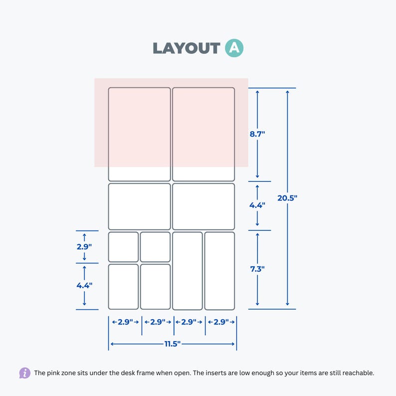 May include: A technical diagram labeled LAYOUT A showing a grid of rectangular inserts with dimensions in inches. The total height is 20.5 inches and width is 11.5 inches. A pink shaded area indicates the zone under the desk frame when open.