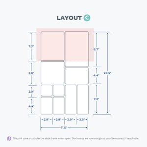May include: A diagram labeled LAYOUT C showing a grid of rectangular inserts with dimensions in inches. The total width is 11.5 inches and the total height is 20.5 inches. A pink shaded zone indicates an area under a desk frame.