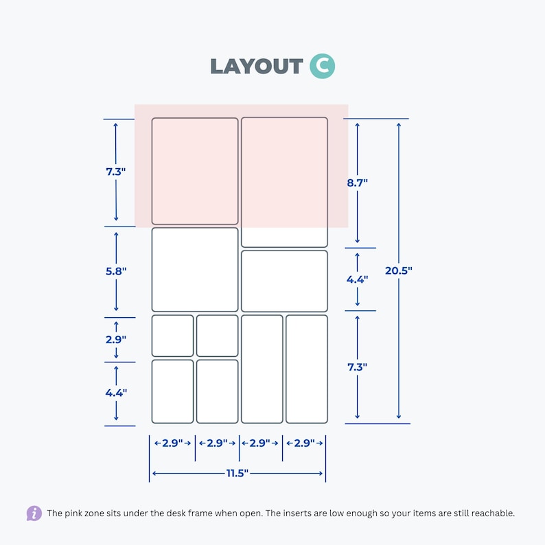 May include: A diagram labeled LAYOUT C showing a grid of rectangular inserts with dimensions in inches. The total width is 11.5 inches and the total height is 20.5 inches. A pink shaded zone indicates an area under a desk frame.