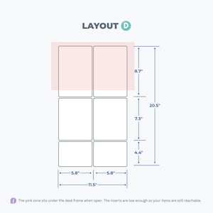 May include: A technical diagram labeled LAYOUT D showing six rectangular sections arranged in two columns. Dimensions are marked in inches: 8.7, 7.3, and 4.4 vertically, with 5.8 and 11.5 horizontally. A light pink rectangle highlights the top section.