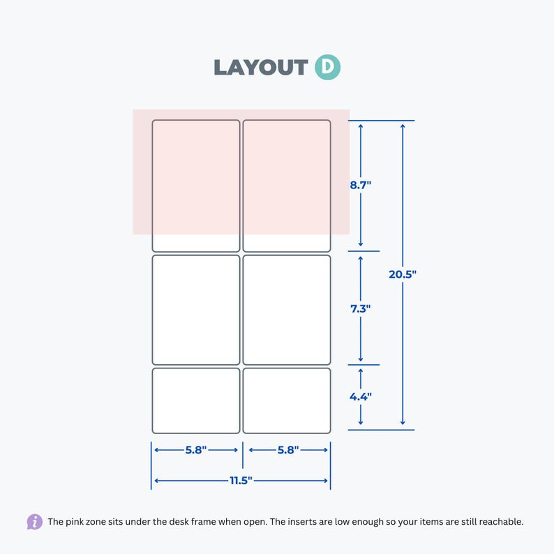 May include: A technical diagram labeled LAYOUT D showing six rectangular sections arranged in two columns. Dimensions are marked in inches: 8.7, 7.3, and 4.4 vertically, with 5.8 and 11.5 horizontally. A light pink rectangle highlights the top section.